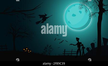 Halloween Hintergrund, Nachtlandschaft mit großen blauen Vollmond, Zombie, Hexen und Kürbisse Stockfoto