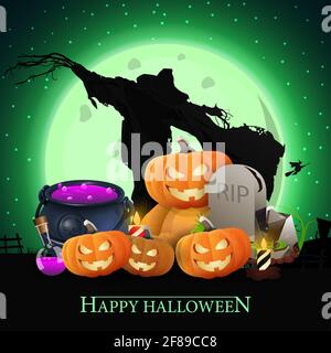 Happy Halloween, Postkarte mit Hexenkessel, Teddybär mit Jack Kürbis Kopf, Vogelscheuche, Grabstein und Kürbis Jack auf dem Hintergrund eines großen Stockfoto