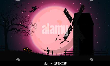 Halloween Hintergrund, Vorlage für Ihre Kreativität mit rosa Nachtlandschaft mit Vollmond, alte Mühle, Hexen und Zombie. Vorlage für Ihre Kunst Stockfoto