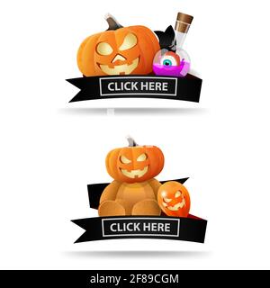 Zwei Halloween-Ikonen mit schwarzen Bändern und klicken Sie hier Buttons. Original-Icons-Links für Ihr Unternehmen. Teddybär mit Jack Kürbis hea, Kürbis Jack Stockfoto