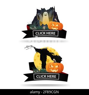 Zwei Halloween-Ikonen mit schwarzen Bändern und klicken Sie hier Buttons. Original-Icons-Links für Ihr Unternehmen Stockfoto
