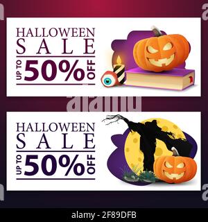 Halloween-Verkauf, bis zu 50 Rabatt, weiße horizontale Rabatt Web-Banner mit Spell Book, Scarecrow und Kürbis Jack Stockfoto