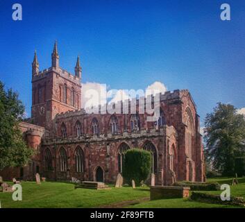 Crediton, Devon, UK- Pfarrkirche aus dem 15. Jahrhundert, Mauerwerk im normannischen gotischen Stil mit quadratischem Glockenturm. Maleffekt hinzugefügt Stockfoto