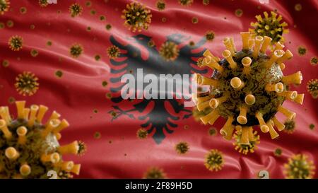 3D, albanische Flagge winkt mit Coronavirus-Ausbruch, der die Atemwege als gefährliche Grippe infiziert. Influenza-Typ Covid 19-Virus mit nationalem Albanien Stockfoto