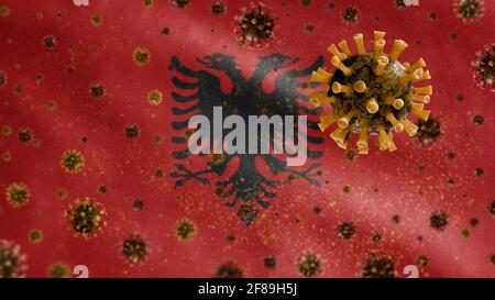 3D, albanische Flagge winkt mit Coronavirus-Ausbruch, der die Atemwege als gefährliche Grippe infiziert. Influenza-Typ Covid 19-Virus mit nationalem Albanien Stockfoto