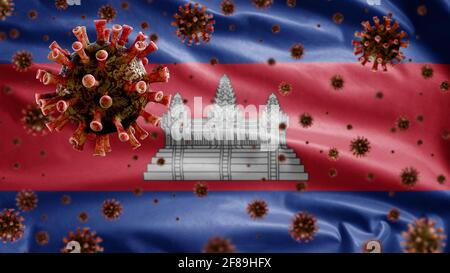 3D, das Grippe-Coronavirus, das über der kambodschanischen Flagge schwebt, einem Erreger, der die Atemwege angreift. Kambodscha-Banner winkt mit einer Pandemie des Covid19-Virus Stockfoto