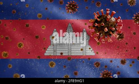 3D, das Grippe-Coronavirus, das über der kambodschanischen Flagge schwebt, einem Erreger, der die Atemwege angreift. Kambodscha-Banner winkt mit einer Pandemie des Covid19-Virus Stockfoto