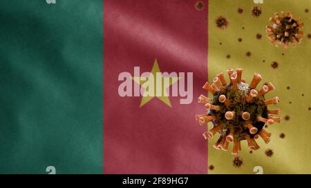 3D, das Grippe-Coronavirus, das über der kamerunischen Flagge schwebt, einem Erreger, der die Atemwege angreift. Kamerun Banner winkt mit Pandemie von Covid19 vir Stockfoto