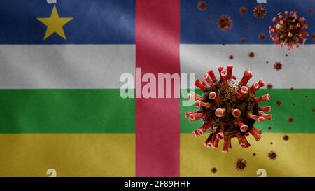 3D, Zentralafrikanische Flagge winkt mit Coronavirus-Ausbruch, der die Atemwege als gefährliche Grippe infiziert. Influenza-Typ Covid 19-Virus mit National C Stockfoto