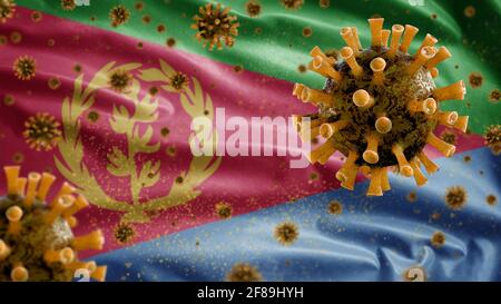 3D, eritreische Flagge winkt mit Coronavirus-Ausbruch, der die Atemwege als gefährliche Grippe infiziert. Influenza-Typ Covid 19-Virus mit nationalem Eritrea Stockfoto