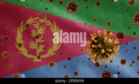 3D, das Grippevirus, das über der eritreischen Flagge schwebt, einem Erreger, der die Atemwege angreift. Eritrea-Banner winkt mit einer Pandemie des Covid19-Virus i Stockfoto