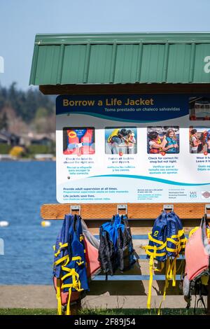 Issaquah, Washington, USA. Leih-Rettungsringe im Lake Sammamish State Park. Stockfoto