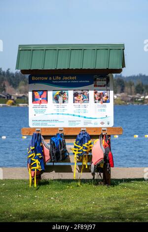 Issaquah, Washington, USA. Leih-Rettungsringe im Lake Sammamish State Park. Stockfoto