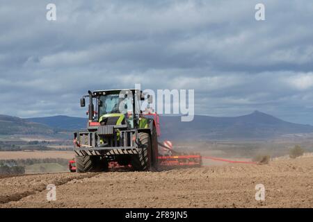 Ein Traktor und Scheibensaatbohrer Aussaat von Gerste auf einem Sonniger Frühlingsnachmittag in einem Aberdeenshire-Feld in Sichtweite Bennachie Stockfoto