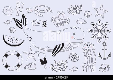 Große Menge linearer Meeresbewohner. Unterwasserbewohner - Wale und Delphine, Tintenfische und Fische, Seesterne und Quallen, Schildkröten, Muscheln und Korallen. Vect Stock Vektor