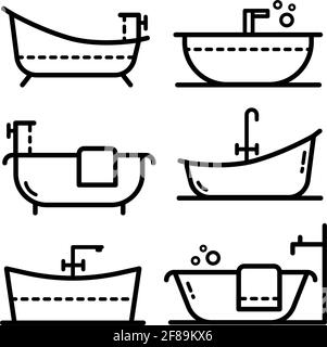 Symbol-Set für die Umrandung der Badewanne. Dünne Linien. Bad. Kontursymbol. Vektor linear isolierte Sammlungszeichnung isoliert auf weißem Hintergrund. Stock Vektor