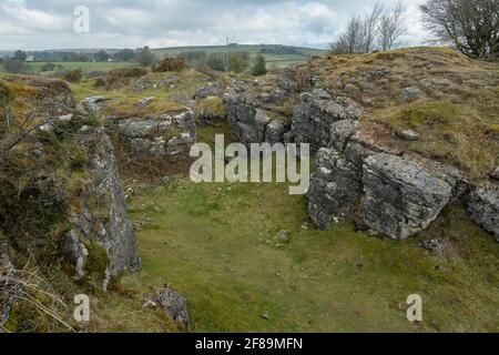 Freiliegender Kalkstein und kalaminarisches Grasland - kalkhaltiges Grasland auf bleireichem Boden, bei Ubley Warren, Somerset, Stockfoto