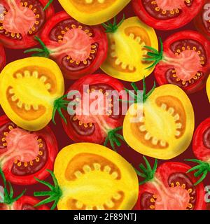 Rote und gelbe Scheiben Tomaten nahtloses Muster isoliert auf dunkel Hintergrund Stockfoto