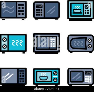 Mikrowellen-Farbvektor-Symbolsatz. Verschiedene elektrische Symbole. Anderes Symbol im einfachen Stil. Vektor-isolierte Illustration. Stock Vektor