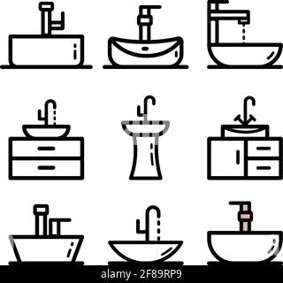 Symbole für die Umrandung der Senke werden isoliert auf weißem Hintergrund gesetzt. Vector Waschtisch-Element im trendigen Stil. Stock Vektor