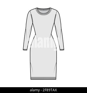 Kleid Rundhalsausschnitt Pullover technische Mode Illustration mit langen Ärmeln, körperpassgenaue Körper, knielang, Rippenstrick trimmen. Flatpullover-Bekleidung vorne, in grauer Optik. Frauen Männer Unisex CAD Mockup Stock Vektor