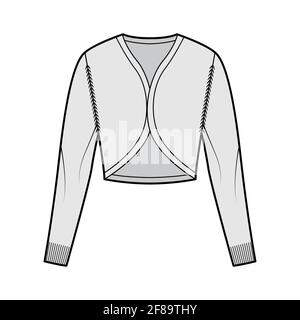 Bolero-Strickjacke mit Schulterzucken und technischer Fashion-Illustration mit V-Ausschnitt, langen Ärmeln, schlanker Passform, Crop-Länge, Rippstrick-Besatz. Flatfront Sweatshirt-Bekleidung, in grauer Farbgebung. Frauen, Männer Unisex-CAD-Modell Stock Vektor