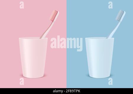 Vektor 3d realistische rosa und blau Zahnbürste und Kunststoff-Halter Cup-Set isoliert. Illustration Zum Medizinischen Zahnarzt. Designvorlage, Clipart, Mockup Stock Vektor