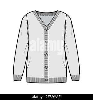 Pullover Cardigan technische Mode-Illustration mit V-Ausschnitt, langen Ärmeln, übergroß, Fingertipp Länge, Rippenstrick Besatz. Flatwear Front, grau gehalten. Frauen, Männer Unisex-CAD-Modell Stock Vektor