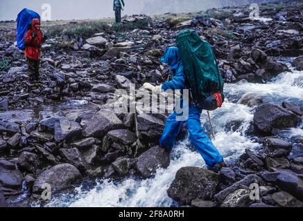 Backpacker, die an einem nassen Morgen in Gates of the Arctic National Park, Brooks Range, Alaska, USA, Tream Crossing machen Stockfoto
