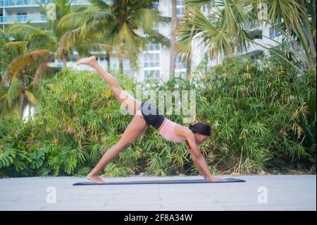 Porträt einer jungen afroamerikanischen Frau, die sich im Yoga dehnt Stellen Sie sich tagsüber draußen vor tropisch grünem Hintergrund auf Stockfoto