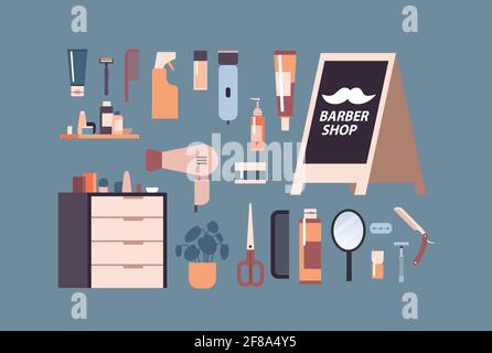 Set Barbershop Werkzeuge und Zubehör Rasur und Friseur Ausrüstungen Sammlung Stock Vektor