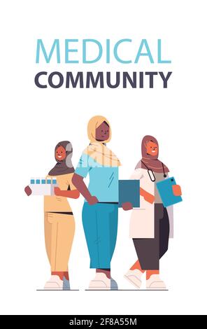 Team von arabischen Medizinern arabische Ärztinnen in Uniform Zusammenstehen Medizin Gesundheitskonzept Stock Vektor