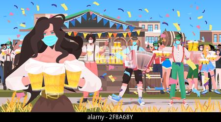 Menschen in Masken Bier trinken oktoberfest Party Feier im Freien Outdoor-Festival Stadtlandschaft Hintergrund voller Länge horizontale Vektor-Illustration Stock Vektor