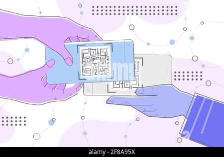 Hände Scannen QR-Code auf Smartphone-Bildschirme elektronische digitale Technologie Maschinenlesbare Barcode-Überprüfung Stock Vektor