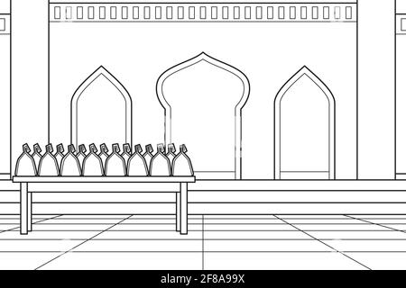 Nutzung des Moschee-Hofes als Ort, um Sadaqah zu verteilen. Vektorgrafik. Malbuch. Stock Vektor