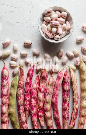 Reihe von bunten Cranberry Borlotti Shell-Bohnen mit losen geschälten Bohnen und geschälte Bohnen in White Bowl Stockfoto