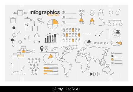 Demografische Infografiken und soziale Statistiken. Symbole im Doodle-Stil eingestellt. Handgezeichnete Weltkarte, Prozentsätze, Grafiken, Diagramme usw. Stock Vektor