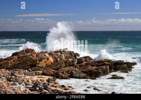 Wellen des Ozeans, die gegen Felsen am Kap von Good krachen Hoffnung in Südafrika Stockfoto