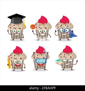 Schüler von Geburtstag Erdbeere Muffin Cartoon-Figur mit verschiedenen Ausdrücken. Vektorgrafik Stock Vektor
