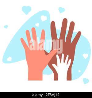 Hände in verschiedenen Farben werden angehoben. Stock Vektor