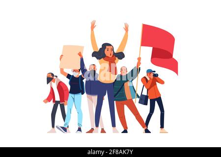 Die weibliche Führerin schreit und hebt ihre Hände und unterstützt die Proteste vor dem Hintergrund von unbetroffenen Demonstranten, Aktivisten mit Plakaten und Flaggen Stock Vektor