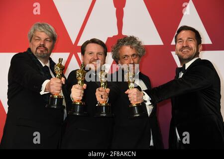 Gewinner Visual Effects First man Paul Lambert Ian Hunter Tristan Myles JD Schwalm im Presseraum während der 91. Annual Academy Awards, Oscars, gehalten im Dolby Theater in Hollywood, Kalifornien, Sonntag, 24. Februar 2019 Foto von Jennifer Graylock-Graylock.com 917-519-7666 Stockfoto