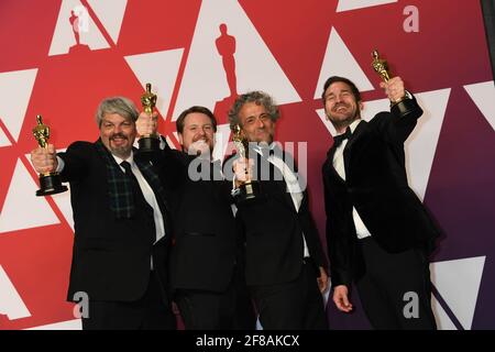 Gewinner Visual Effects First man Paul Lambert Ian Hunter Tristan Myles JD Schwalm im Presseraum während der 91. Annual Academy Awards, Oscars, gehalten im Dolby Theater in Hollywood, Kalifornien, Sonntag, 24. Februar 2019 Foto von Jennifer Graylock-Graylock.com 917-519-7666 Stockfoto