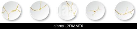 Set mit goldenen Kintsugi-Rissen. Zerbrochene und rissende Wirkung, Craquelure und beschädigte Textur. Vektor-Illustrationen können für kintsugi Dekorationen, Wand verwendet werden Stock Vektor