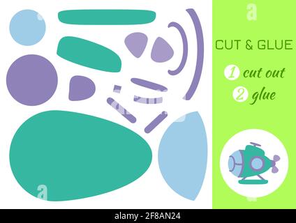 Schneiden und kleben Papier Cartoon grün U-Boot. Seite „Craft Activity“ ausschneiden und einfügen. Pädagogisches Spiel für Kinder im Vorschulalter. DIY-Arbeitsblatt. Kinder Logik-Spiel Stock Vektor