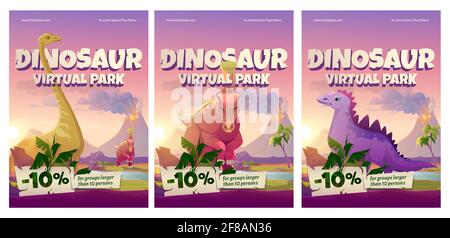 Dinosaurier virtuellen Park Cartoon Poster, historische Online-Museum besuchen Promo mit Rabatt für große Gruppen. Pädagogisches Portal für Vorgeschichte, Paläontologie-Studium, Ausstellungsdienst, Vektorflyer Set Stock Vektor