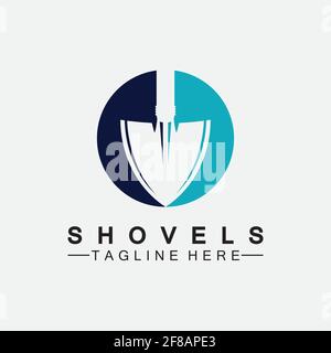 Schaufel Logo Vektor Symbol Symbol Illustration Design.Schaufel Symbol isoliert auf weißem Hintergrund. Gartenwerkzeug. Werkzeug für Gartenbau, Landwirtschaft, farmi Stock Vektor