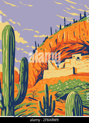 WPA Poster Art von Salado-Stil Klippenwohnung und saguaro Kaktus in Tonto National Monument in den Superstition Mountains in Gila County, Ari Stock Vektor