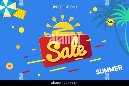 Bright Sale Banner Vorlage blau Design mit Sommersonne. Motion Text Sale Sommer. sonnenaufgang der gelben Sonne auf blauem Hintergrund. Sonderangebot. Vecto Stock Vektor