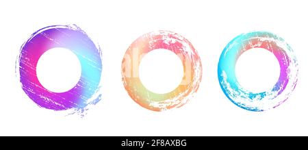 Set aus runder Grunge-Schablone mit Hintergrund aus Neonfolie mit Kopierraum und Farbverlauf. Vektor runde Abzeichen mit Kratzern für Banner, Aufkleber. Stock Vektor